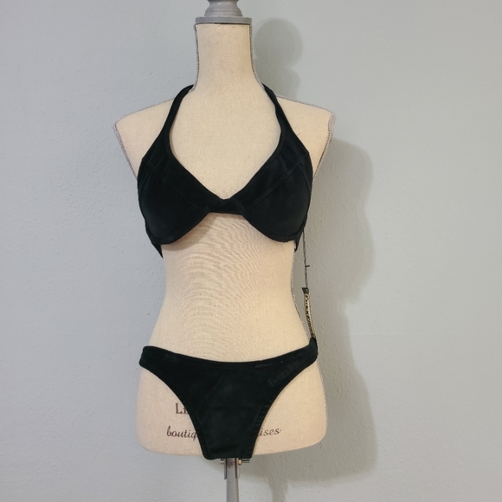 Bikini Furrkinni Black "Fur" Velour Swimsuit‎ New NWT